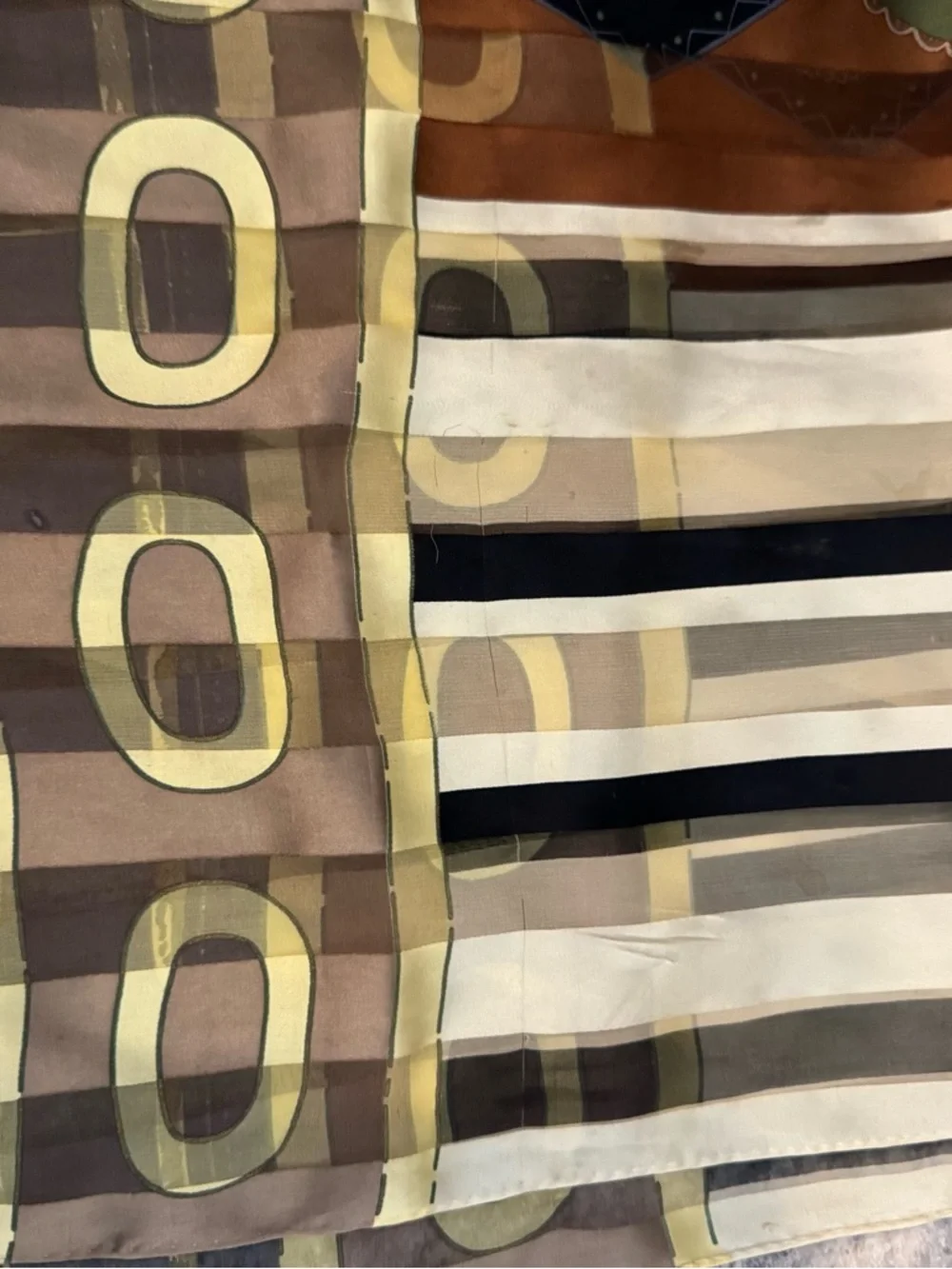 Vintage ECHO Silk Geometric & Stripe Scarf in Brown, Olive, Cream, Navy
